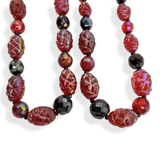 Beaded Necklaces Pair Molded Plastic Translucent Red Shimmer AB Shades Gold Tone - Picture 4 of 11